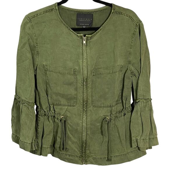 Sanctuary Womens Military Frill Peplum Jacket Full Zip Raw Edge Pockets Green XS - Picture 2 of 9